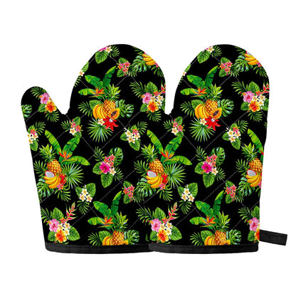 Black Tropical Hawaiian Pattern Print Oven Mitts