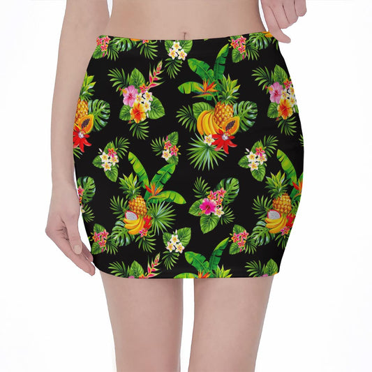 Black Tropical Hawaiian Pattern Print Pencil Mini Skirt