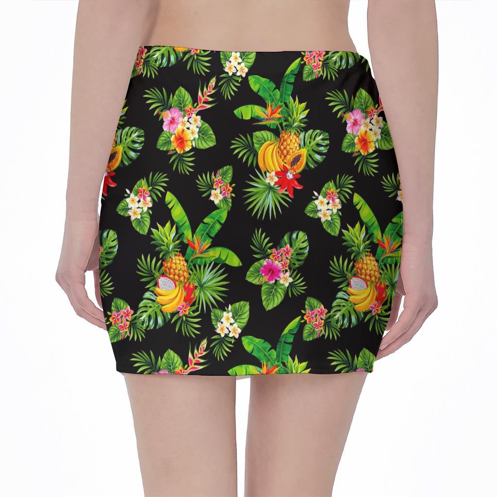 Black Tropical Hawaiian Pattern Print Pencil Mini Skirt