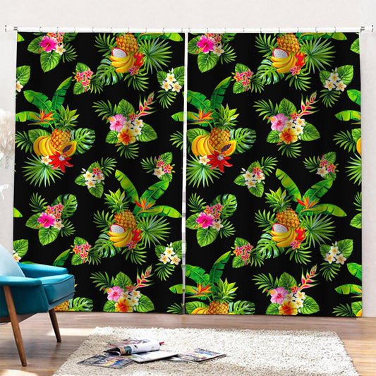Black Tropical Hawaiian Pattern Print Pencil Pleat Curtains