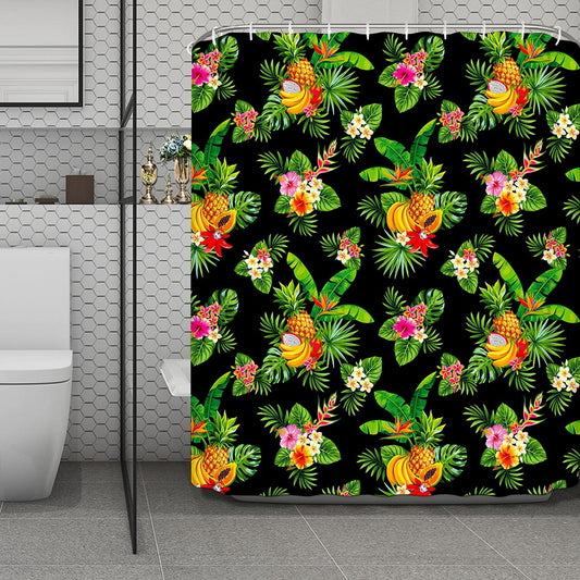 Black Tropical Hawaiian Pattern Print Polyester Shower Curtain