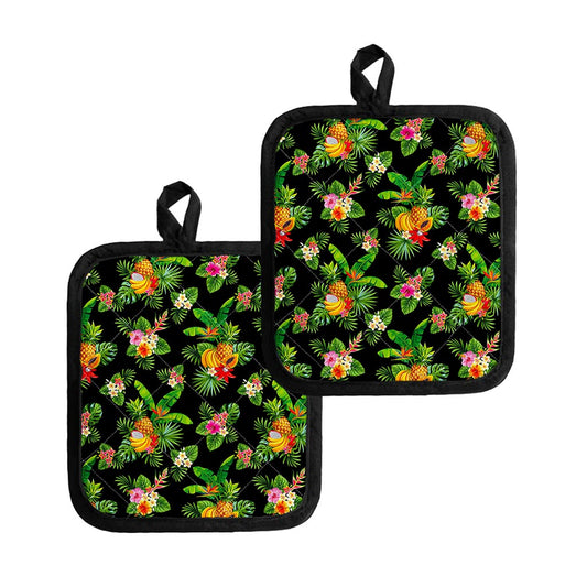 Black Tropical Hawaiian Pattern Print Pot Holders
