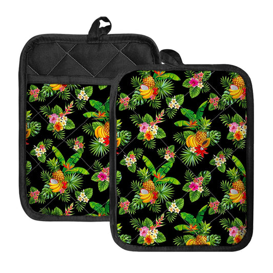 Black Tropical Hawaiian Pattern Print Pot Holders With Pocket