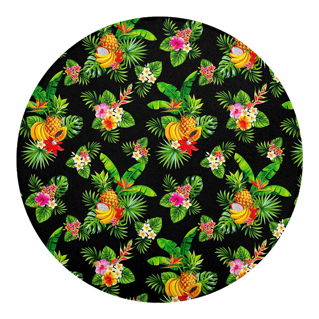 Black Tropical Hawaiian Pattern Print Round Blanket