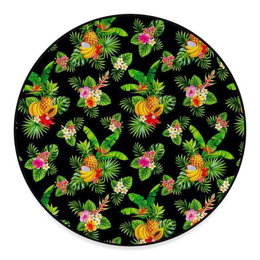 Black Tropical Hawaiian Pattern Print Round Floor Mat