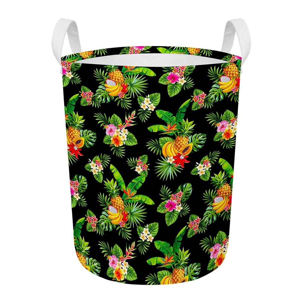 Black Tropical Hawaiian Pattern Print Round Laundry Basket