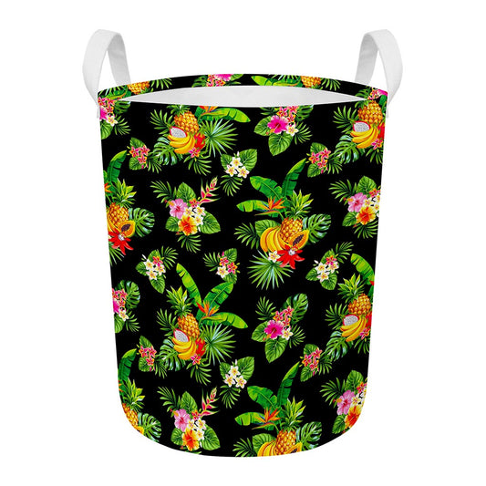 Black Tropical Hawaiian Pattern Print Round Laundry Basket