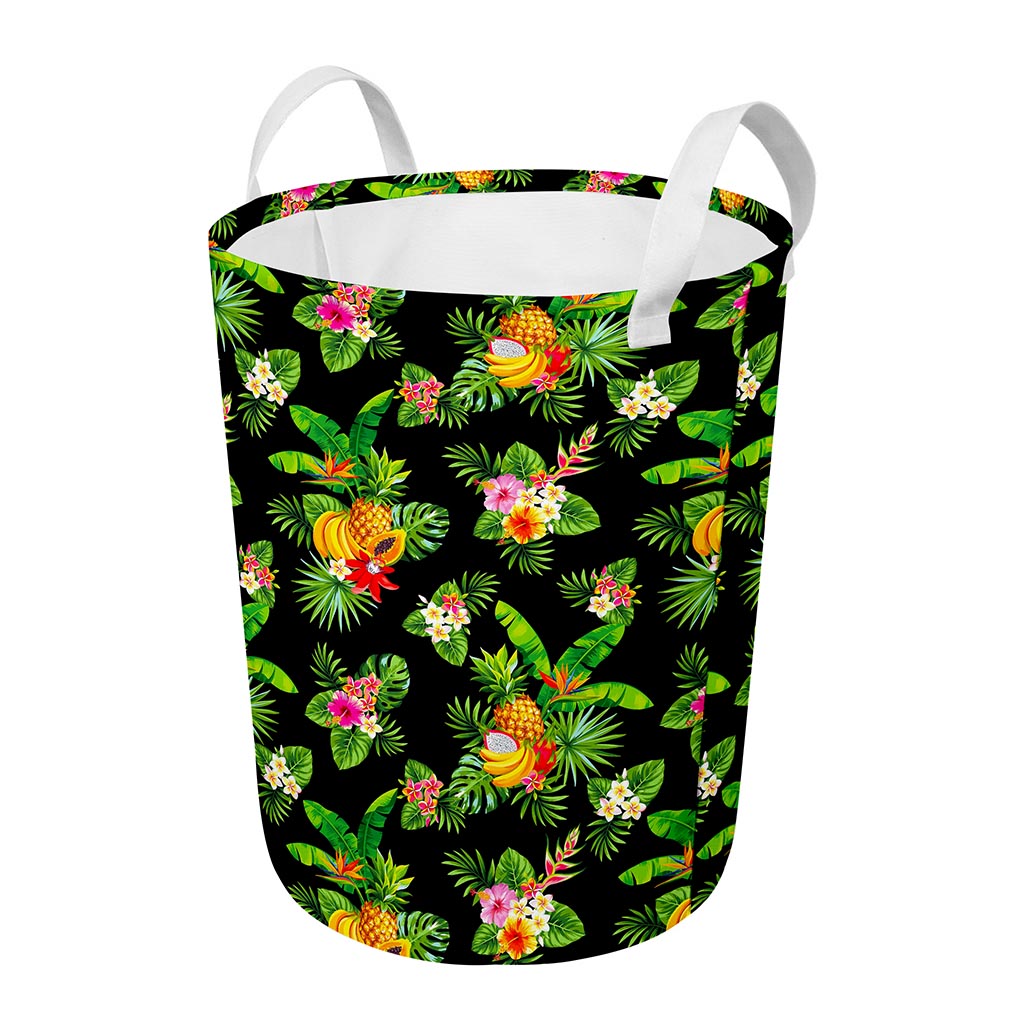 Black Tropical Hawaiian Pattern Print Round Laundry Basket