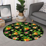 Black Tropical Hawaiian Pattern Print Round Rug