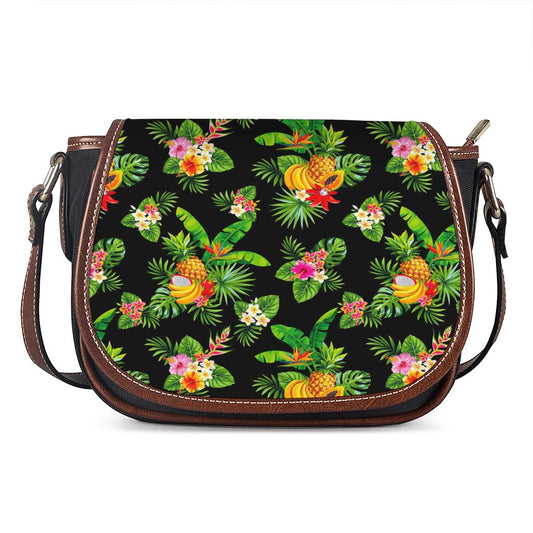 Black Tropical Hawaiian Pattern Print Saddle Bag