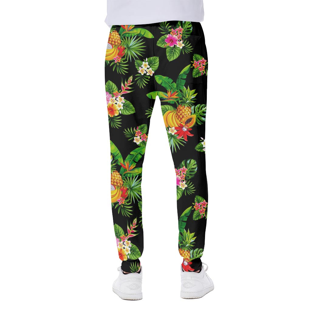 Black Tropical Hawaiian Pattern Print Scuba Joggers