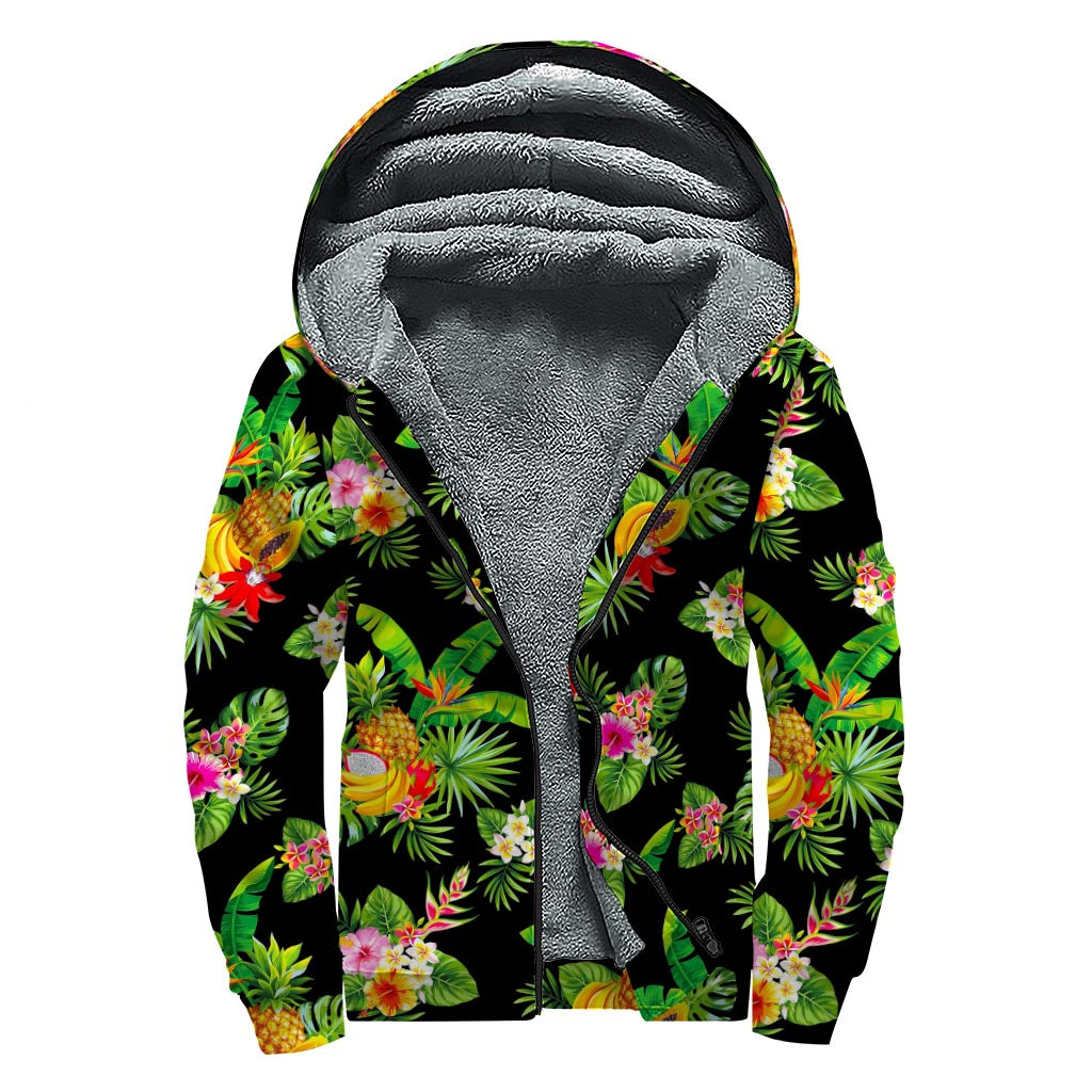 Black Tropical Hawaiian Pattern Print Sherpa Lined Zip Up Hoodie