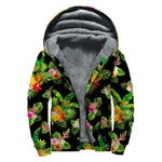 Black Tropical Hawaiian Pattern Print Sherpa Lined Zip Up Hoodie