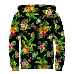 Black Tropical Hawaiian Pattern Print Sherpa Lined Zip Up Hoodie