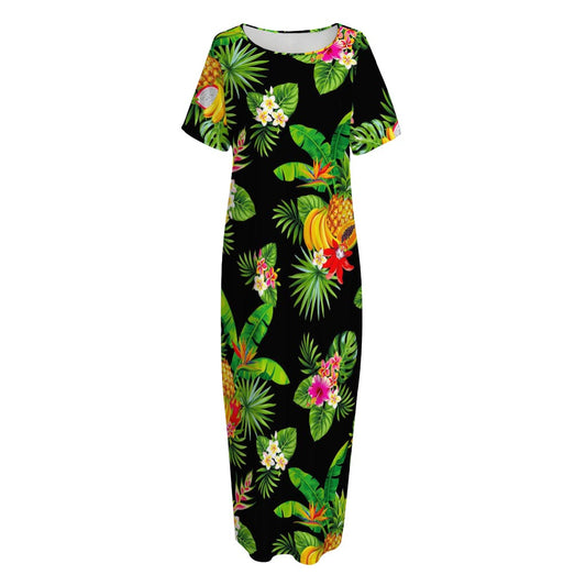 Black Tropical Hawaiian Pattern Print Short Sleeve Long Nightdress