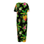 Black Tropical Hawaiian Pattern Print Short Sleeve Long Nightdress