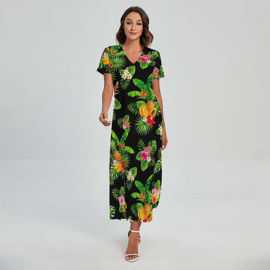 Black Tropical Hawaiian Pattern Print Short Sleeve Maxi Dress