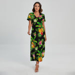 Black Tropical Hawaiian Pattern Print Short Sleeve Maxi Dress