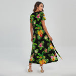 Black Tropical Hawaiian Pattern Print Short Sleeve Maxi Dress