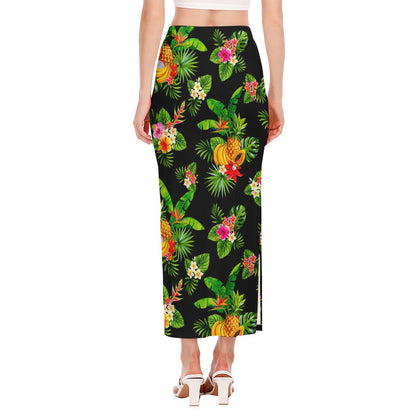 Black Tropical Hawaiian Pattern Print Side Slit Maxi Skirt