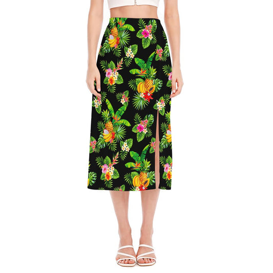 Black Tropical Hawaiian Pattern Print Side Slit Midi Skirt