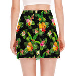 Black Tropical Hawaiian Pattern Print Side Slit Mini Skirt