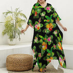 Black Tropical Hawaiian Pattern Print Silk V-Neck Kaftan Dress