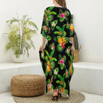 Black Tropical Hawaiian Pattern Print Silk V-Neck Kaftan Dress
