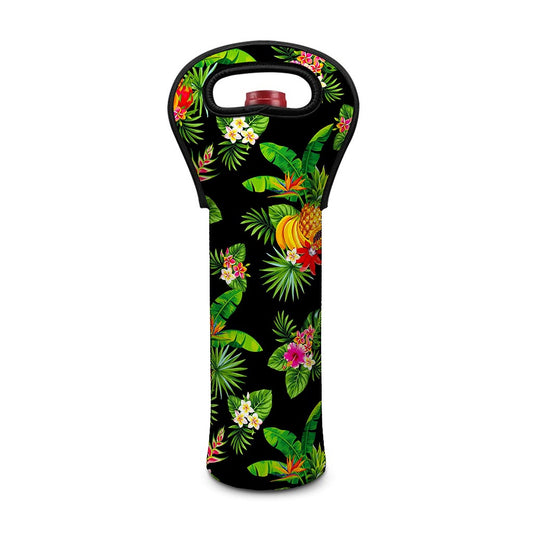 Black Tropical Hawaiian Pattern Print Single Neoprene Wine Tote