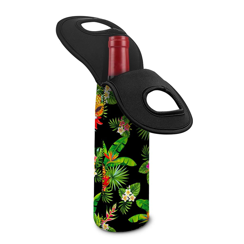 Black Tropical Hawaiian Pattern Print Single Neoprene Wine Tote
