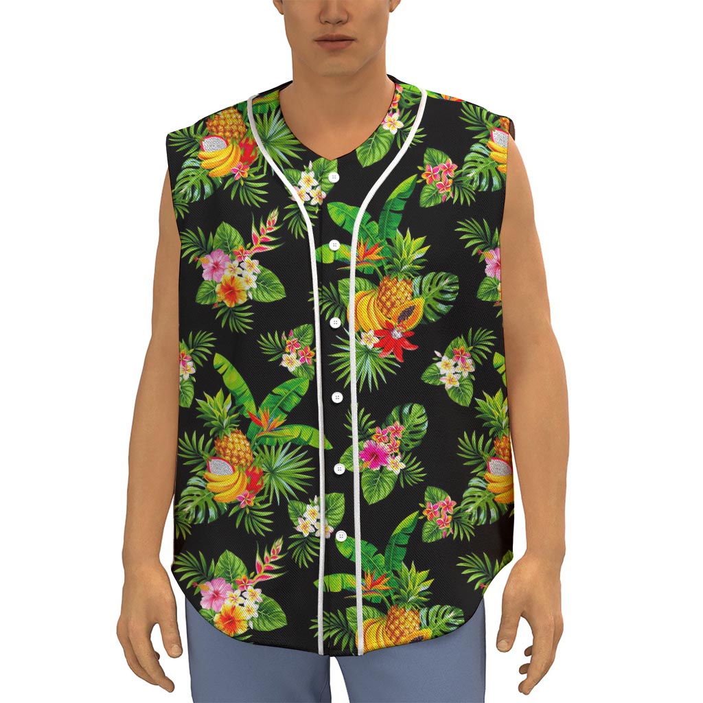 Black Tropical Hawaiian Pattern Print Sleeveless Baseball Jersey