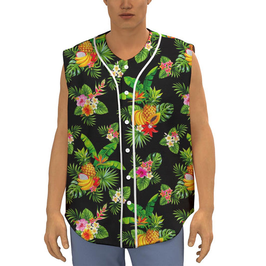 Black Tropical Hawaiian Pattern Print Sleeveless Baseball Jersey