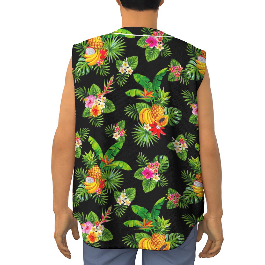 Black Tropical Hawaiian Pattern Print Sleeveless Baseball Jersey