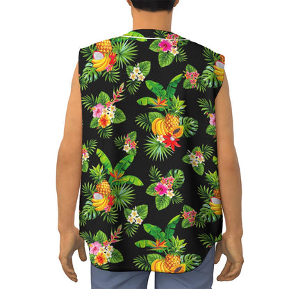 Black Tropical Hawaiian Pattern Print Sleeveless Baseball Jersey