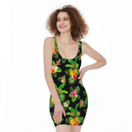 Black Tropical Hawaiian Pattern Print Sleeveless Bodycon Dress