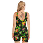 Black Tropical Hawaiian Pattern Print Sleeveless One Piece Swimsuit