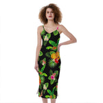 Black Tropical Hawaiian Pattern Print Slim Fit Midi Cami Dress