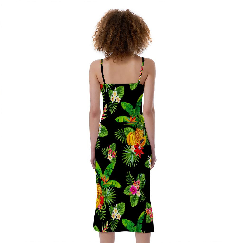 Black Tropical Hawaiian Pattern Print Slim Fit Midi Cami Dress