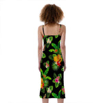 Black Tropical Hawaiian Pattern Print Slim Fit Midi Cami Dress