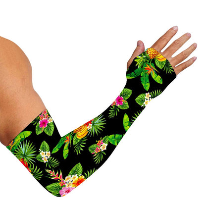 Black Tropical Hawaiian Pattern Print Sun Protection Arm Sleeves