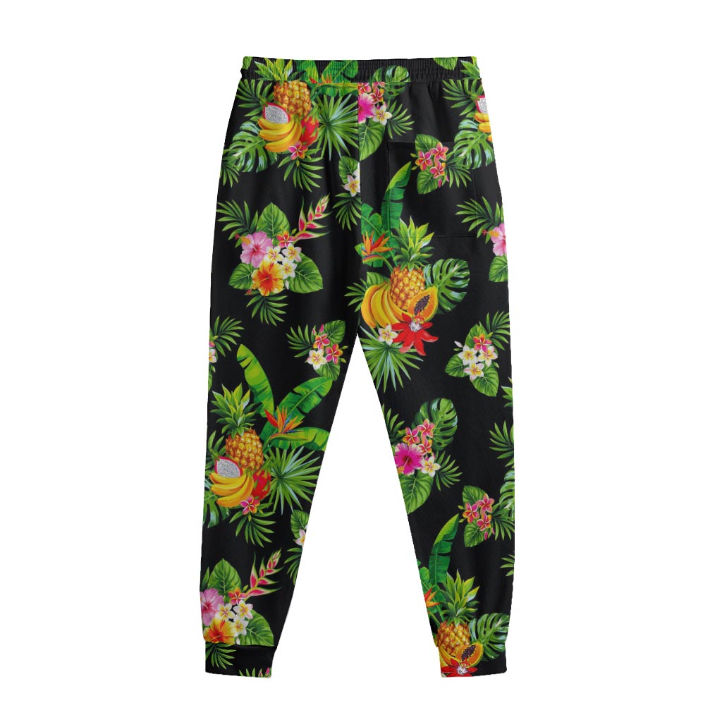 Black Tropical Hawaiian Pattern Print Sweatpants