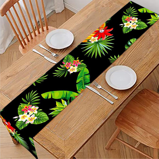 Black Tropical Hawaiian Pattern Print Table Runner