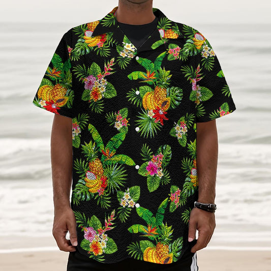 Black Tropical Hawaiian Pattern Print Textured Short Sleeve Shirt
