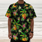 Black Tropical Hawaiian Pattern Print Textured Short Sleeve Shirt