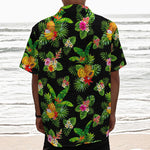 Black Tropical Hawaiian Pattern Print Textured Short Sleeve Shirt