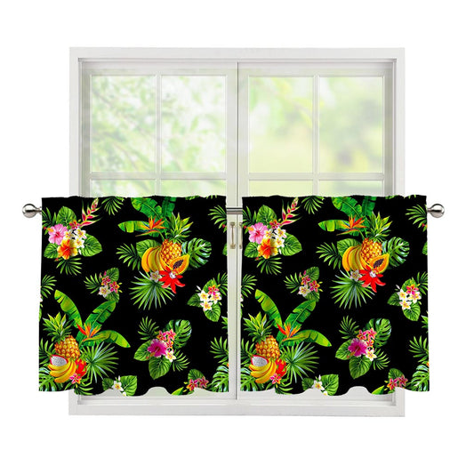 Black Tropical Hawaiian Pattern Print Tier Curtains