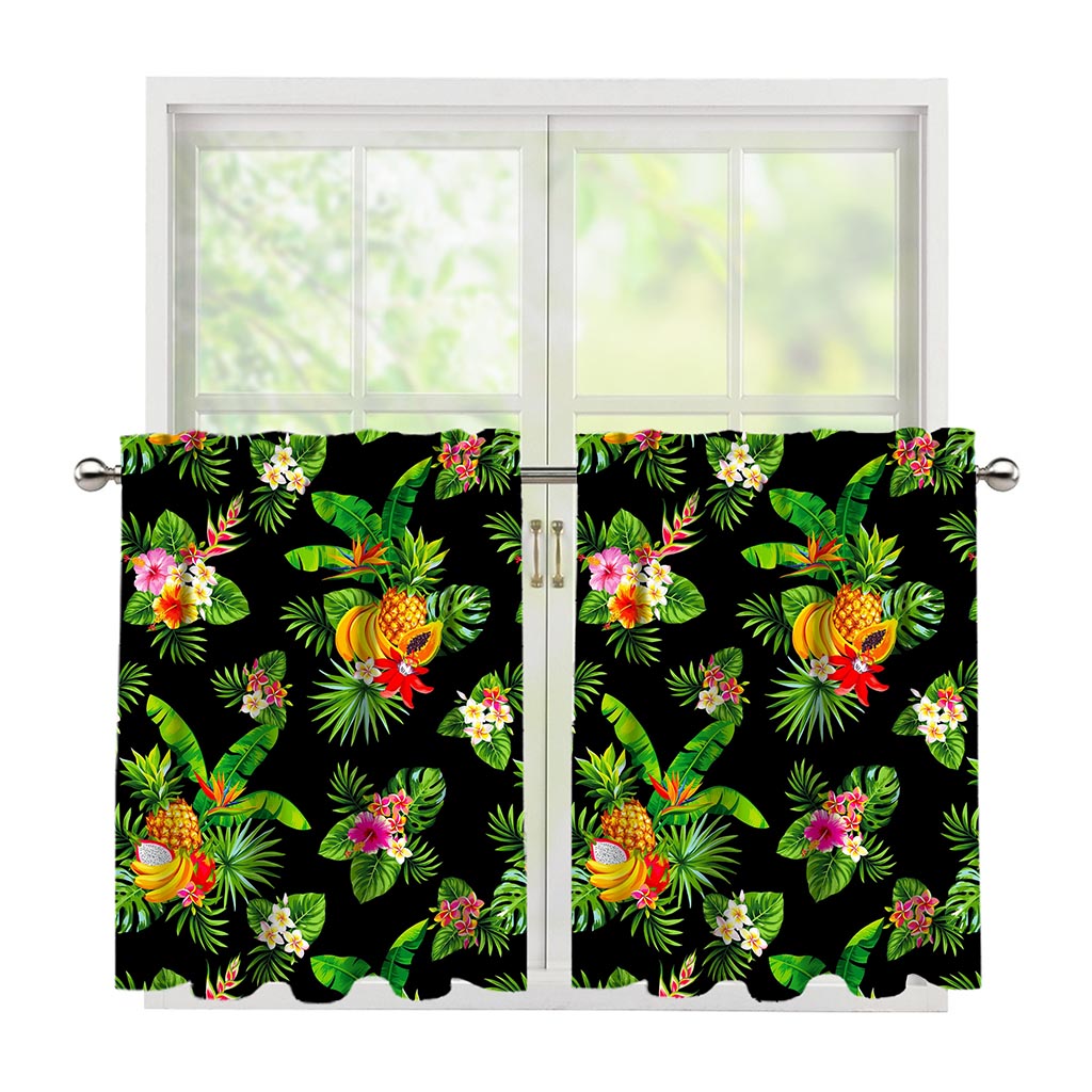 Black Tropical Hawaiian Pattern Print Tier Curtains