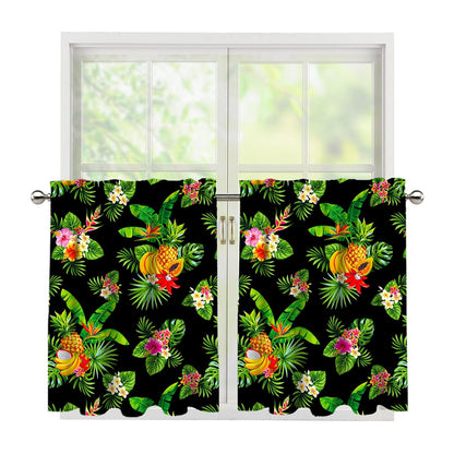 Black Tropical Hawaiian Pattern Print Tier Curtains