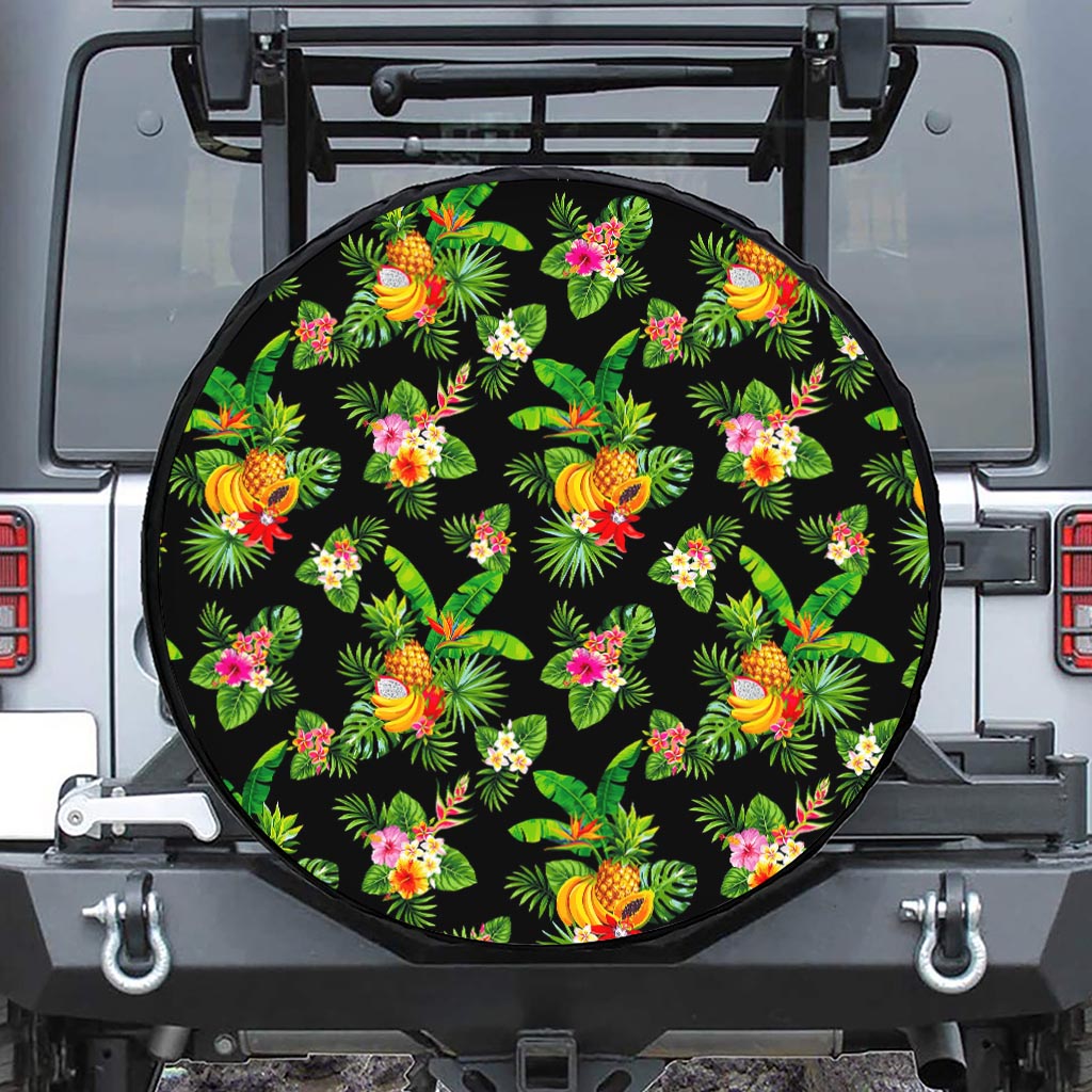 Black Tropical Hawaiian Pattern Print Tire Cover