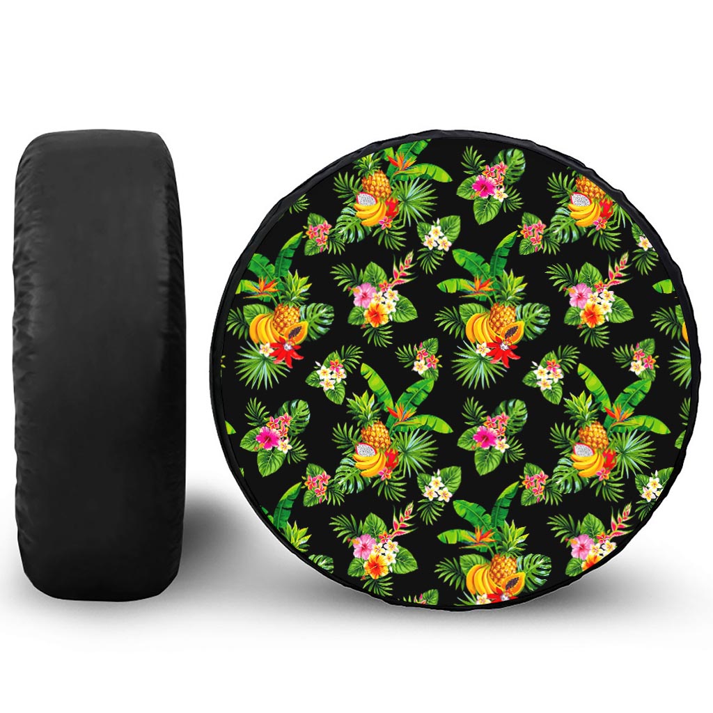 Black Tropical Hawaiian Pattern Print Tire Cover